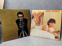 Front covers of Elvis Costello 'This Year's Model' and Mick Jagger 'She's The Boss' vinyl records.