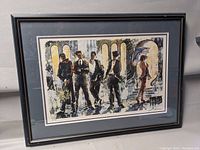 Framed lithograph displayed upright, showing entire artwork and frame with slight damage visible on frame.