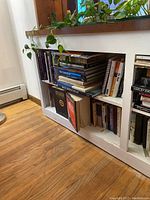 Books arranged on white built-in shelves with plants on top, showing a variety of book sizes and colors, including some horizontal stacks.