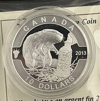 Close-up photo of the coin showing the beaver design, the year 2013, and denomination 10 dollars with clear mint condition details.