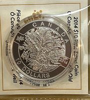 Close-up of the obverse side of 2014 Canada $10 silver coin showing the Old Maple Tree design with the year 2014 and denomination 10 dollars.