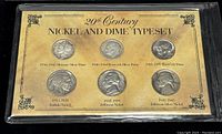 Complete 6 coin set mounted in original card titled '20th Century Nickel and Dime Typeset' showing all coins and labels