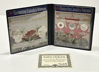 Open display of the coin set showing the informational text and images about Canada's Veterans coins from 2004 to 2006 with a certificate of authenticity placed in front.