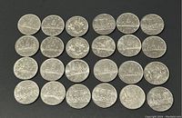 Top down view of 24 Canadian $1 coins arranged in rows showing varied designs and circulation wear.