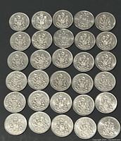 Top-down view of 30 half dollar coins laid out in 5 rows of 6 coins each, showing the crest side clearly with a crown above a shield featuring multiple elements.