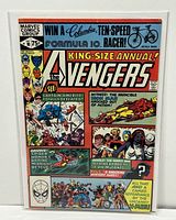Front cover of Marvel Avengers King-Size Annual #10 comic book showing detailed artwork and text indicating key story elements and characters.