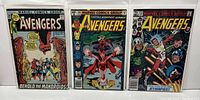 Front view of three Marvel Avengers comic books #94, #186, and #232 showing colorful covers in protective bags