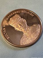 Close-up of the coin's obverse showing Sultan Haji Hassanal Bolkiah portrait and engraved name.