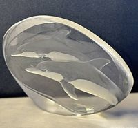 Side angle showing the two dolphins engraved inside the clear crystal paperweight.