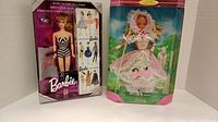 Photo showing 35th Anniversary Barbie doll and Little Bo Peep doll in their original collector packaging boxes, side by side, front view.