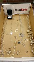 All necklaces and bracelets displayed in cardboard box, variety of chain styles and pendants visible