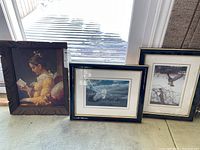 Three framed pieces including the portrait, snowy owl photo, and bird in flight photo