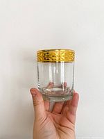 Single gold rimmed whiskey glass held in hand showing detailed gold pattern on rim and sturdy clear glass build.