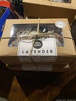 Boxed lavender-scented gift sets with the box label and twine shown.