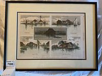 Framed print showing multiple black-and-white scenes of Louisiana around water, with boats and houses, dated 1871 from Harper's Weekly.