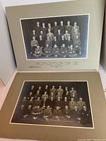 Two mounted black and white group photos showing McGill students from 1941-1942, posed in formal attire and military uniforms.