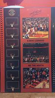 Full view of commemorative press board poster illustrating the shot trajectory on the left side and multiple photographs of the basketball event including crowd and scoreboard.