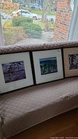 Three framed pictures resting on a couch near a window, showing their size and overall look.