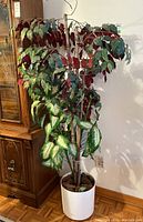 Full view of the faux tree plant showing its height, foliage colors, and plastic planter.