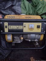 Front view of Champion generator showing control panel with engine switch, voltmeter, and AC outlet, also showing yellow metal casing with labels highlighting 1500 starting watts and 1200 running watts.