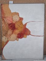 Front view of large rectangular painting with abstract textured design in tan, brown, orange hues on white background.