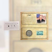 Historic 1945 coin and postage stamp mounted on a card with Franklin D. Roosevelt portrait and historical notes.