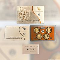 Four 2015 US Presidential $1 proof coins displayed in a protective clear case with brown insert. Included Certificate of Authenticity and outer sleeve featuring portraits of the four presidents: Truman, Eisenhower, Kennedy, and Johnson.