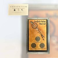 Front view of Buffalo Nickel Mint Set including three coins in a display case with decorative card insert showing Philadelphia, Denver, and San Francisco.