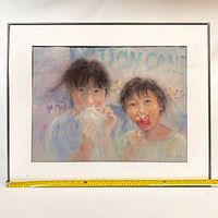 Framed pastel artwork showing two children eating fair treats, measuring tape below for size reference.