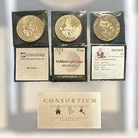 Photo showing three dollar coins in individual protective sleeves with certification labels from different dealers and grading info.