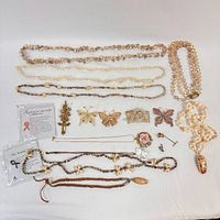 Photo shows multiple necklaces including gold-tone and pearl-style chains, decorative butterfly and floral pins, a small hair comb, and braided rope necklaces laid out on a white surface.