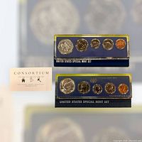 Two United States Special Mint Sets with 5 coins each held in plastic display cases, showing both front and back images of each coin visible through the cases.
