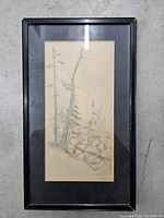 Full view of framed artwork featuring a vertical pencil drawing of trees and rocks behind glass with a black frame