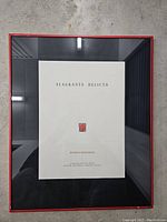 Full view of the framed print titled 'Flagrante Delicto' with a centered white print and red frame.