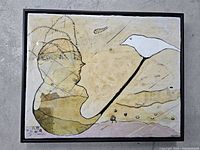 Full front view of the framed mixed media artwork depicting an abstract human figure facing a white bird on a beige background.