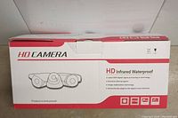 Box packaging of HD Infrared Waterproof Camera showing product details and features including latest DSP digital signal processing, exclusive input system, image stabilization technology, automatic digital noise reduction.