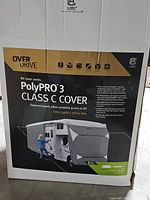 RV cover box showing brand OverDrive, PolyPRO 3 Class cover with zipper panels for class C RVs.
