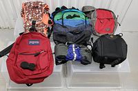Photo showing all six bags arranged in two rows. Includes a camouflage Crumpler bag, red Jansport backpack, MEC backpack, Lowepro camera bag, Burton backpack, and Osprey backpack.