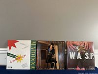Photo of all three vinyl record covers showing Madonna, Bruce Springsteen and W.A.S.P. albums in a row.