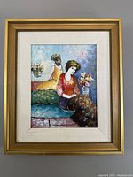 Full view of framed painting against neutral background