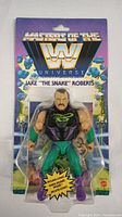 Front view of Jake 'The Snake' Roberts action figure in original Masters of the Universe WWE packaging showing figure and snake accessory clearly visible.
