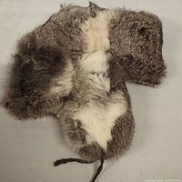 Top view of a winter hat made of rabbit fur showing gray and white patches, with ear flaps and ties.