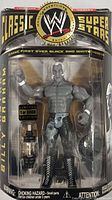 Front view of packaged black and white Billy Graham WWE Classic Superstars action figure showing limited edition sticker 1 of 3000 and dumbbell accessory.