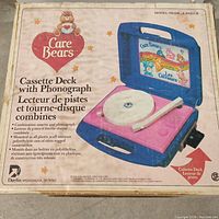 Box showing Care Bears cassette deck with phonograph turntable combo, model L-9992CB