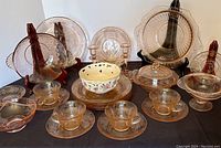 Full set of pink depression glass cups, saucers, plates, bowls, platter, plus Lenox Barrington bowl