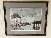 Frontal image of the framed Alfred Sisley lithograph print showing the flooding scene with the St Nicolas building and river.
