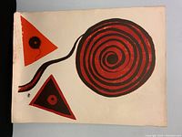 Full view of the lithograph showing abstract modernist design with red and black spirals and geometric shapes on white paper.