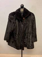 Front view of the dark brown vintage mink fur coat on a mannequin, showing plush fur and overall shape.