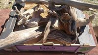 Collection of driftwood pieces seen in a cardboard box from a top-side angle.