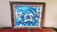 Full view of painting in rustic frame showing entire artwork and frame condition